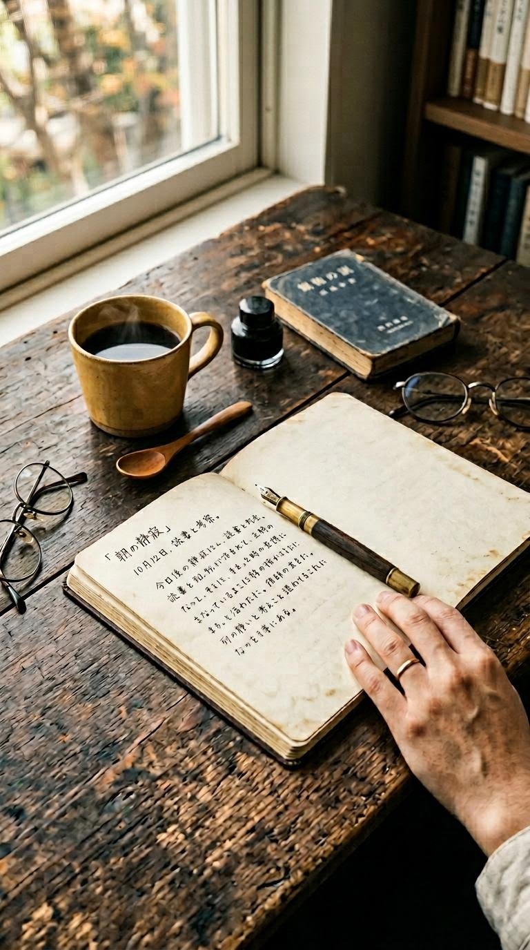 朝の光が差し込む木製デスクの上に開かれたノートと万年筆