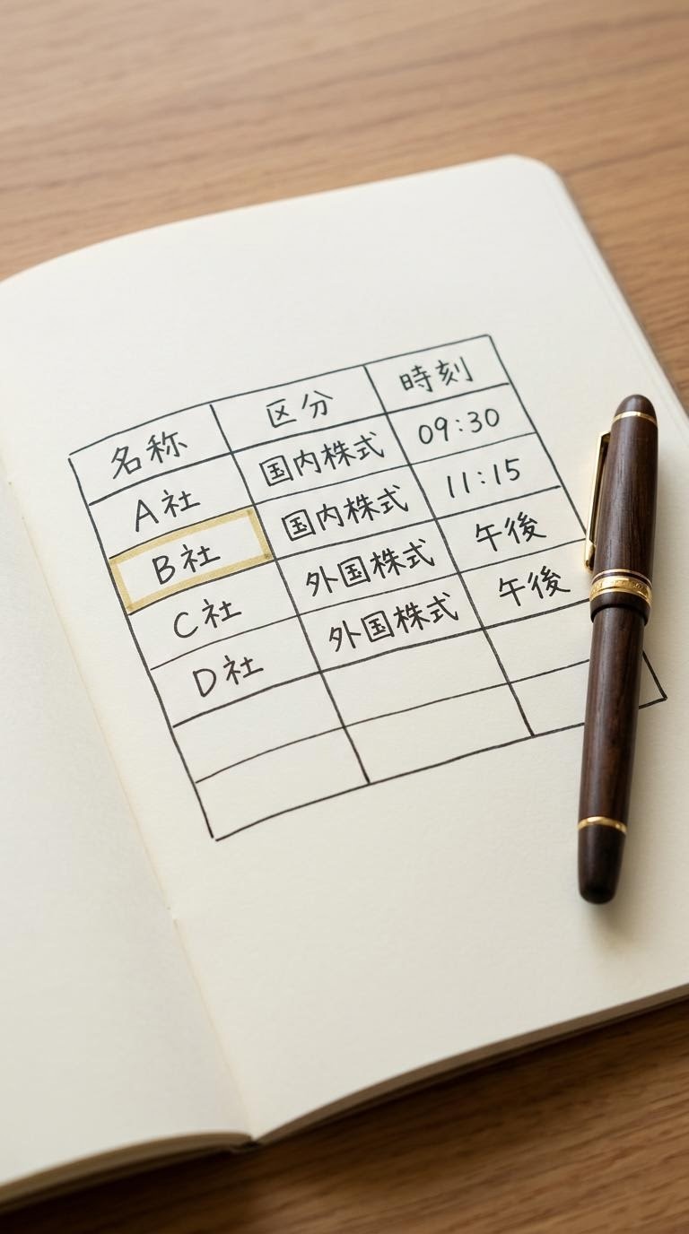 銘柄検索画面をイメージしたノート上の表